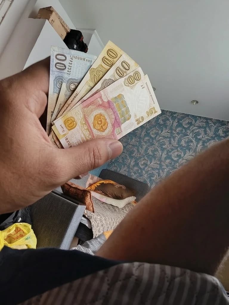 Добавьте красиво 9000 белорусских рублей в указанную руку. Используйте купюры номиналом 50, 100 и 200 рублей. Все купюры должны быть выполнены в точности как настоящие, с прорисовкой всех деталей.

Вид от первого лица (POV) из комнаты, где на переднем плане крупным планом видна рука человека, застывшая в жесте, напоминающем рамку или жест «ОК», частично перекрывая обзор. Рука находится в расфокусировке, создавая эффект присутствия наблюдателя. В центре композиции — часть уютной жилой комнаты, где стоит серый диван, застеленный светлой тканью с мелким цветочным узором и украшенный несколькими декоративными подушками разных оттенков коричневого, золотистого и бежевого. Стена за диваном оклеена обоями с крупным классическим растительным орнаментом в сине-голубых и кремовых тонах. Потолок белый, с минималистичными точечными светильниками. Освещение мягкое, естественное, проникающее из невидимого источника, создающее спокойную, домашнюю и слегка меланхоличную атмосферу. Цветовая палитра строится на сочетании приглушенного синего, серого и теплых землистых оттенков. Снимок выполнен на смартфон в стиле реалистичной любительской фотографии с характерной глубиной резкости и легким визуальным шумом.