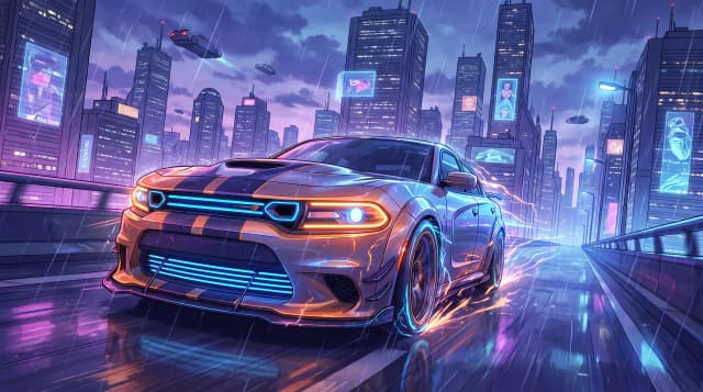 Dodge Charger 2026 года, едет по дороге, эпичный ракурс, горящие фары, шедевр, крупный план, стиль аниме с реалистичными деталями, киберпанк,