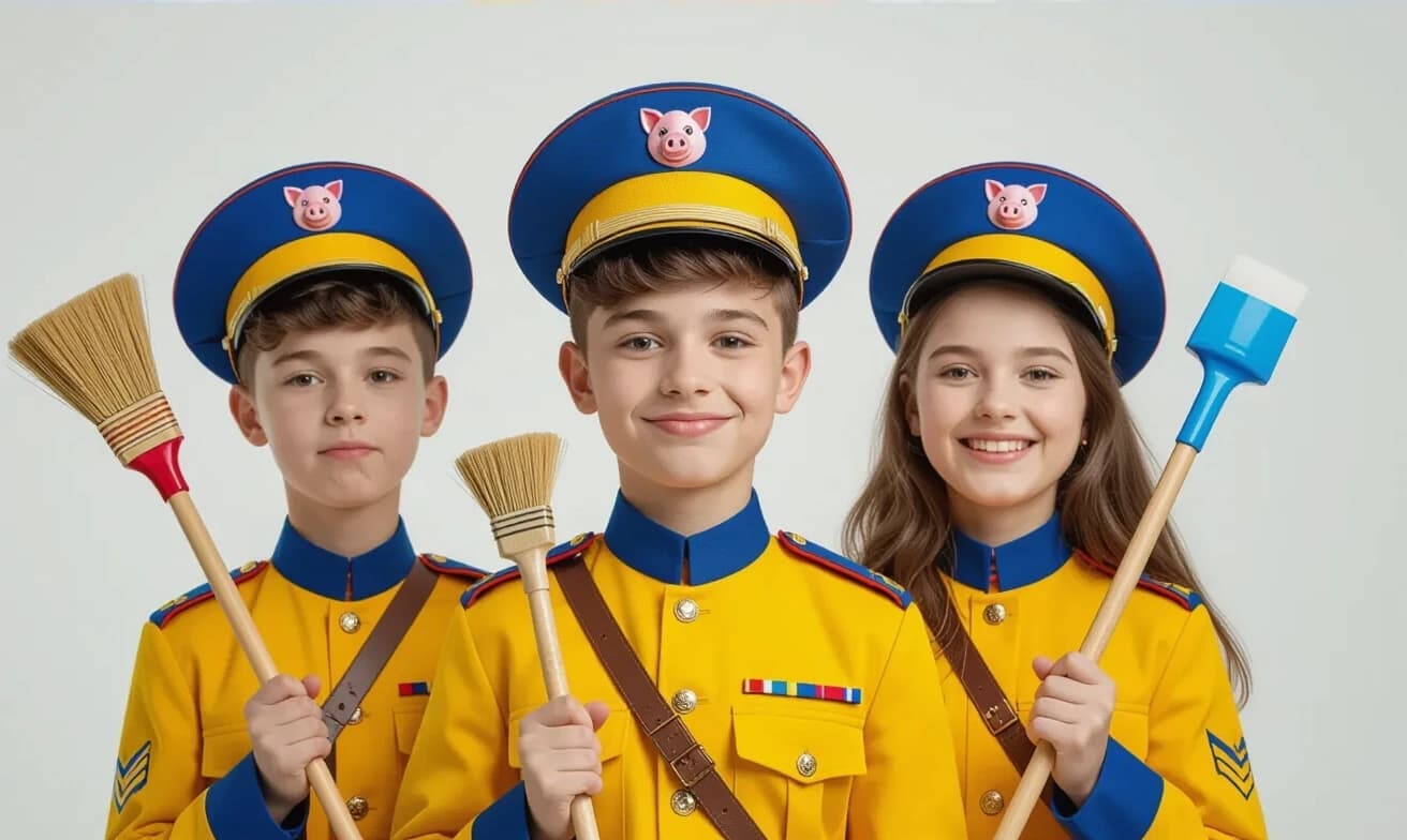 Teenagers with stupid faces, in yellow and blue military uniforms, wearing military caps with cockades in the shape of a pig's head, holding brooms and plungers in their hands, a caricature