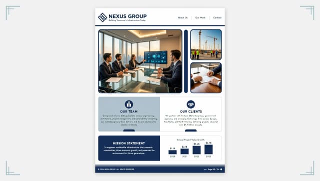 Design one page of a company album, landscape A4 format. Corporate colors: blue and white. The page should include several photographs and 1-2 small text blocks.