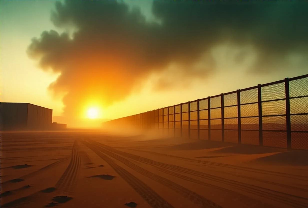 A vast, empty desert plain stretching into the distance under a hazy, dusty sky. In the background, a tall metal grid fence glows against a bright fiery light source behind it, as if lava is flowing just beyond the fence, casting a dramatic orange glow over the horizon. On the left edge of the image, almost lost in the darkness and dust, the vague silhouette of a huge industrial warehouse is barely visible. The scene feels hot, desolate, and slightly menacing. Photorealistic, dramatic lighting, wide cinematic angle.