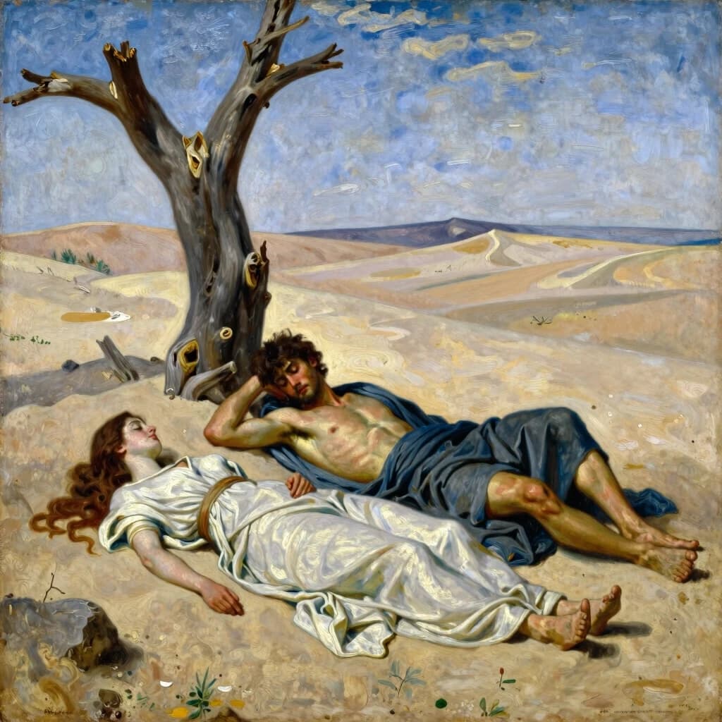 Oil painting, ancient times of Greece, a young man of 20 years old and a girl of 18 years old, lying unconscious on the sand,  next to a dried tree, around the desert, style Ilya Repin