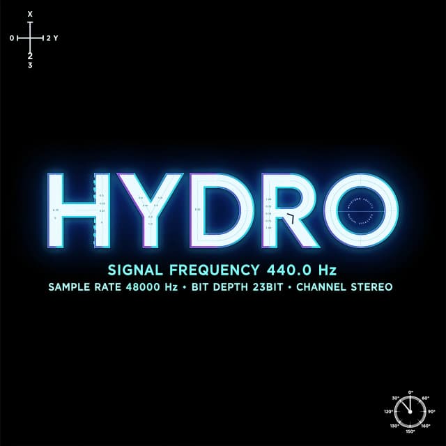 Слово "HYDRO" в электронно-музыкальном стиле с научной ноткой. Минималистично оформленно на черном фоне