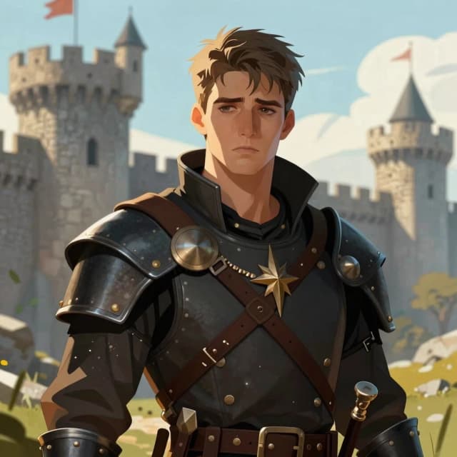 Fantasy illustration: a handsome young man with short hair and sad eyes, dressed as a mercenary, set against the backdrop of a medieval fortress.