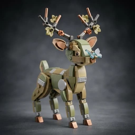 A never-before-seen original LEGO creation: [Bambi the deer].
Designed as a unique custom minifigure or brick-built character NOT found in any official LEGO set, catalog, or fan database.
Completely original color scheme: no primary colors, only an unconventional palette with muted tones, metallic accents, and unexpected color combinations.
Unusual symmetrical design.
Hybrid aesthetics, unrelated themes combined into a single, cohesive character.
Meticulous detailing: custom accessories never seen in official sets, unique surface textures, distressed plastic finish with subtle scratches, scuffs, and authentic wear marks indicating real-world use.

Cinematic studio lighting, macro photography, shallow depth of field, ultra-realistic plastic material with visible injection-molded seams and authentic LEGO clutch mechanism details, 8K resolution, isolated on a solid gradient background.
No logos, no existing IP characters, no recognizable franchises, no copies of any existing sets, no references to official LEGO themes.