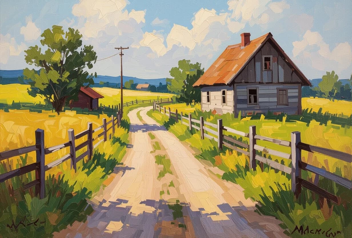 impressionist painting a modest rural plot.  The sun-warmed wood of an old house - rickety from time to time;  The road passing by is a dirt road, worn out by recent rains, but dried by the midday sun.  Sloping fences along the road, assembled from small boards, behind which grass has grown.  And a strange feeling of loneliness - as if everyone had left loose brushwork, vibrant color, light and shadow play, captures feeling over form, palette knife oil painting, bold strokes, thick texture, dramatic, expressive, chunky paint application, modern technique, 4K resolution, pastel colors, selective focus, cinematic lighting