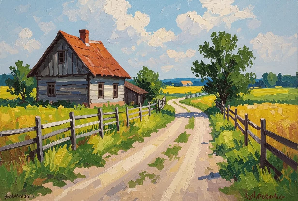 impressionist painting a modest rural plot.  The sun-warmed wood of an old house - rickety from time to time;  The road passing by is a dirt road, worn out by recent rains, but dried by the midday sun.  Sloping fences along the road, assembled from small boards, behind which grass has grown.  And a strange feeling of loneliness - as if everyone had left loose brushwork, vibrant color, light and shadow play, captures feeling over form, palette knife oil painting, bold strokes, thick texture, dramatic, expressive, chunky paint application, modern technique, 4K resolution, pastel colors, selective focus, cinematic lighting