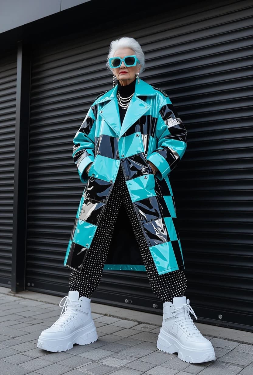 Aesthetics, provocation, photorealism, oversized techno fashion, silhouettes of cool fashionable grandmothers, the real tallest and oldest crazy dad-fashion designer with a model appearance, blinds on garage doors, monochrome, black and turquoise neon, unusual angle, heavy white sneakers, giant fashionable glasses