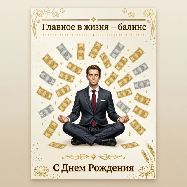 На изображении представлен белый мужчина в офисном костюме, сидящий в классической позе лотоса. Эта поза символизирует спокойствие, гармонию и внутреннюю сосредоточенность. Вокруг медитирующего мужчины в воздухе парят денежные купюры различных номиналов. Купюры словно спускаются сверху, создавая ощущение потока благополучия и успеха.

Цветовая гамма:
Фон может быть выполнен в спокойных, нейтральных тонах — светло-бежевых или пастельных оттенках, чтобы не отвлекать внимание от главного элемента композиции. Сами купюры могут быть изображены в золотистых или серебристых тонах, подчёркивая их ценность и значимость.

Надпись:
Над изображением красивая надпись: «Главное в жизни — баланс». 
Под изображением «С Днем Рождения ».
