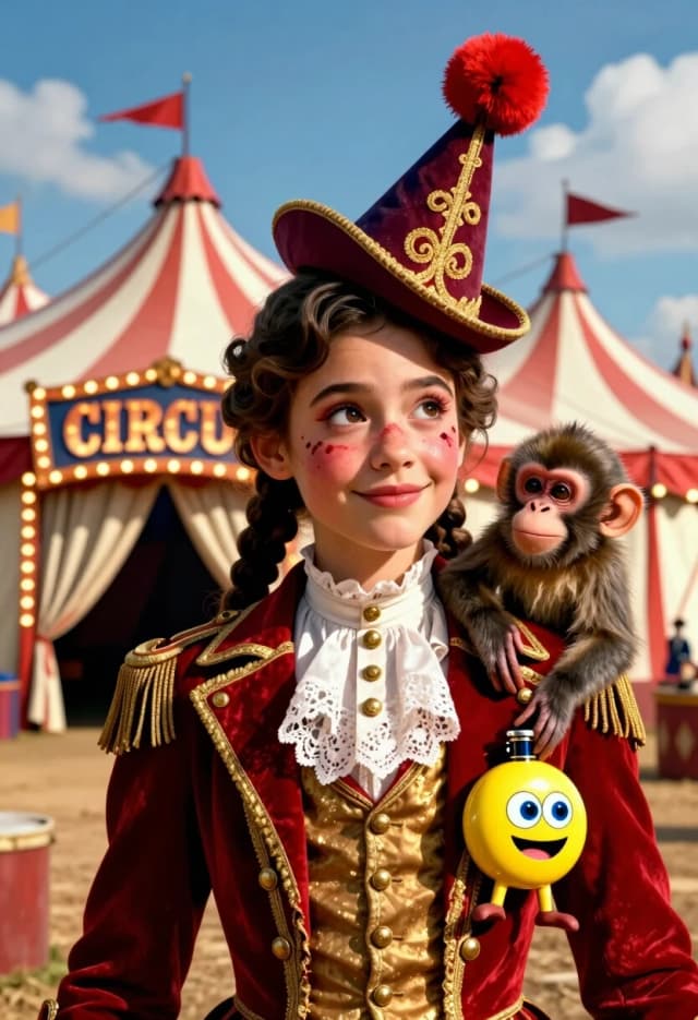 Create a cinematic, photorealistic 3D illustration in the style of a frame from a high‑budget circus film — a close‑up of a young performer against the backdrop of the main tent. In the center is a girl with an expressive gaze and a gentle smile; she has wavy dark hair braided into a plait, and her face is adorned with delicate circus makeup featuring scarlet accents. She is wearing a luxurious Victorian‑style suit: a scarlet velvet jacket with gold trim, buttons, and fringe, a white blouse with lace, and on her head — a pointed hat with a red pom‑pom and ornate gold embroidery.
A small monkey in a miniature stage outfit with decorative elements is nestled comfortably on her right shoulder; the animal’s gaze is curious, and its posture is relaxed.

In the background — a majestic circus tent with a red‑and‑white striped design and a richly decorated facade; above the entrance — a large illuminated sign reading “CIRCUS” in a retro style; along the perimeter — garlands with warm light bulbs, flags on flagpoles, and light draperies. The sky is bright blue with fluffy white clouds; the lighting is sunny, with soft golden highlights on the fabric and skin, and delicate shadows that emphasize the volume.

Detail every button, the texture of the velvet and lace, the fluff on the pom‑pom, the individual hairs in the monkey’s fur, the shine of the gold trim, the folds of the draperies. The palette is rich, with a dominant use of scarlet, cream, gold, and deep blue.finish off the round yellow flask with big, blue eyes with a large mouth with legs at the bottom of the arm along the cuts  finish off the round yellow flask with big, blue eyes with a large mouth with legs at the bottom of the arm along the edges of the large one