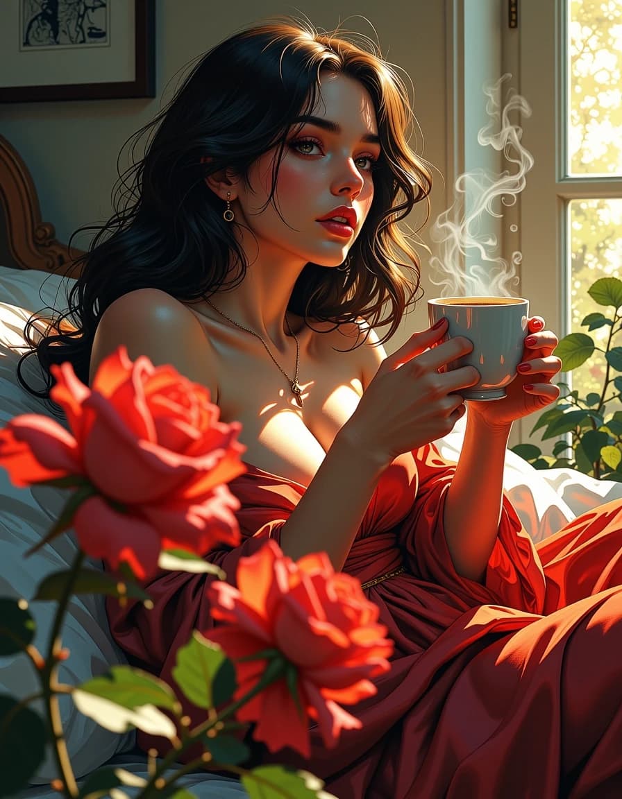 A masterpiece,  in the style of the 1980s, with bold lines, dynamic strokes and rich textures, on background with a touch of nostalgia, perhaps with subtle drawings inspired by cellulose and vintage, worn textures similar to paper,oil painting, A high-end photorealistic airbrush masterpiece of a stunning woman sitting on a bed, holding a steaming cup of coffee with visible swirling steam, draped in a luxurious deep red flowing silk sheet, a large blurred red rose in the foreground with soft bokeh, warm morning golden hour sunlight streaming through a window, cinematic volumetric lighting, flawless smooth skin, polished glossy textures, vivid and rich colors, sharp focus on the subject, hyper-detailed airbrushing, 8k resolution
