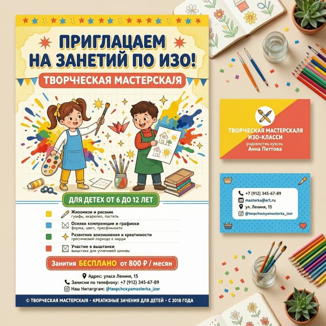 "Творческая мастерская" Крупный, яркий, игровой шрифт: ПРИГЛАШАЕМ 
 НА ЗАНЯТИЯ ПО ИЗО![ЦЕНТР: Визуальный блок]Здесь располагается сгенерированный рисунок (яркие брызги красок, карандаши, довольный рисующий ребенок).[НИЖНЯЯ ЧАСТЬ: Для кого и что будет]Выделено цветом или плашкой: Для детей от 6 до 12 летСписком (крупно и понятно):🖌️ Живопись и рисунок (гуашь, акварель, пастель)📐 Основы композиции и графики✨ Развитие воображения и креативности🖼️ Участие в выставкахЗанятия [БЕСПЛАТНО / цена]📍 Адрес: [Улица Ленина, 15📞 Запись по телефону ]🌐 Наш Инстаграм.Добавить в плакат рисующую девочку и рисующего мальчика. Добавить такие же визитки.Фирменный стиль: афиша и визитки.визитки