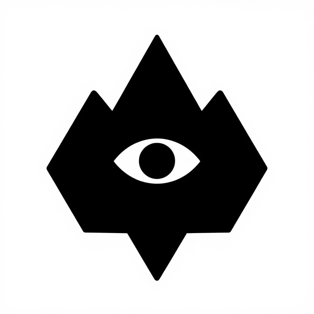 Silhouette with a crest or logo. A mountain with three peaks is central above the others. In the center of the mountain, one large eye is depicted. The shape of the coat of arms is angular. The picture is without text. Style - Fantasy