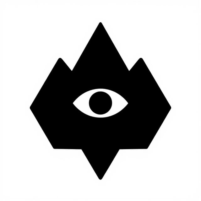 Silhouette with a crest or logo. A mountain with three peaks is central above the others. In the center of the mountain, one large eye is depicted. The shape of the coat of arms is angular. The picture is without text. Style - Fantasy