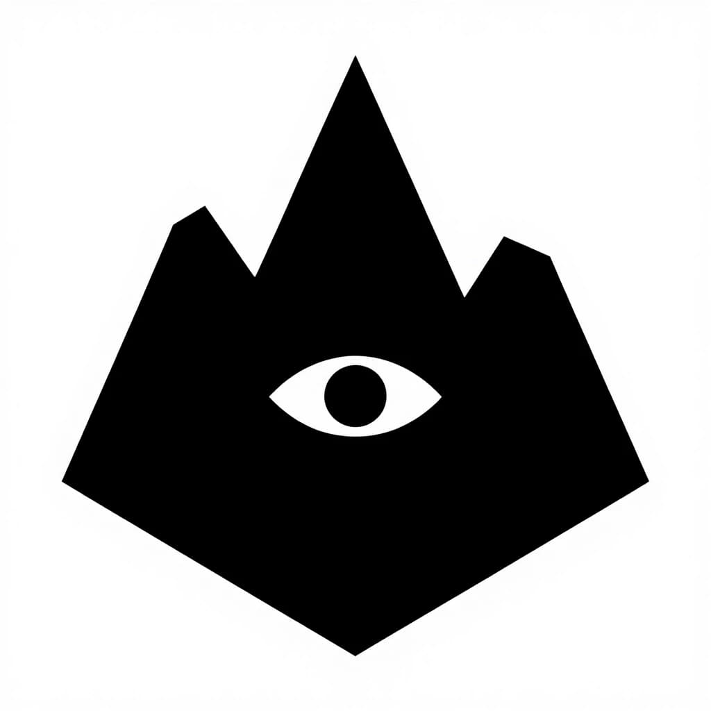 Silhouette with a crest or logo. A mountain with three peaks is central above the others. In the center of the mountain, one large eye is depicted. The shape of the coat of arms is angular. The picture is without text. Style - Fantasy