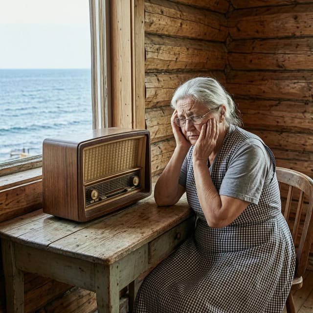 Хочу создать картину. Бабушка сидит рядом со старинным радио в деревне, подпёрла голову руками в очках, у неё седые волосы клетчатый фартук, длинная юбка сидит на деревянном столе в комнате отделанной деревянными палками. На глазах у неё печаль. За окном виднеется море.