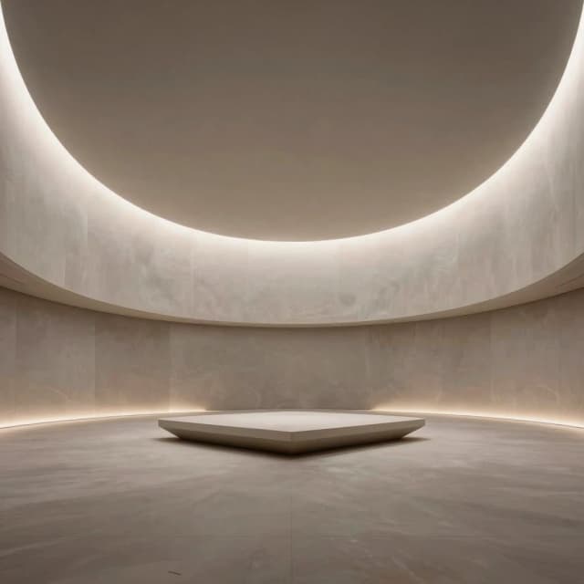 Minimalist interior of a humanoid alien palace, vast ceremonial hall with seamless curved wall-to-floor transitions, monolithic matte surfaces in warm gray and pale opal tones, indirect cove lighting casting soft shadowless glow, single low geometric platform at center, hidden technology with no visible screens or wires, intentional negative space, clean architectural lines scaled for 2m humanoids, calm meditative atmosphere, photorealistic, cinematic architectural visualization, 8k, neutral color palette, ultra-clean composition --v 6.0 --ar 16:9 --style raw --s 180