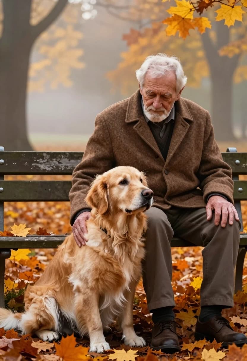 A hyper-realistic, heartwarming cinematic shot of an elderly golden retriever sitting patiently next to its owner, an old man with a kind, wrinkled face. They are sitting on a weathered wooden bench in a quiet autumn park, surrounded by fallen orange and yellow maple leaves. The dog's head is resting on the man's knee, looking up with deep, soulful eyes full of unconditional love and loyalty. Soft, golden morning mist filters through the trees, creating a serene, ethereal atmosphere. High detail on the dog's fluffy fur and the texture of the man's wool coat. 8k resolution, shallow depth of field, evoke a feeling of peace and lifelong friendship.