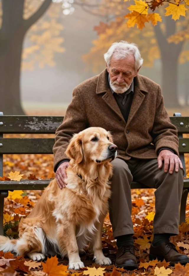 A hyper-realistic, heartwarming cinematic shot of an elderly golden retriever sitting patiently next to its owner, an old man with a kind, wrinkled face. They are sitting on a weathered wooden bench in a quiet autumn park, surrounded by fallen orange and yellow maple leaves. The dog's head is resting on the man's knee, looking up with deep, soulful eyes full of unconditional love and loyalty. Soft, golden morning mist filters through the trees, creating a serene, ethereal atmosphere. High detail on the dog's fluffy fur and the texture of the man's wool coat. 8k resolution, shallow depth of field, evoke a feeling of peace and lifelong friendship.