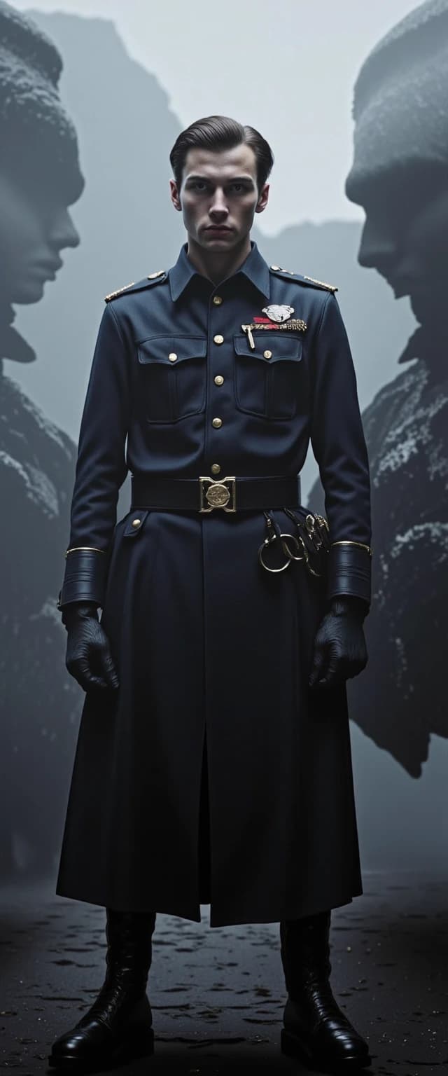 Create a detailed full-length cinematic portrait of a 25-year-old slender and athletic officer of the Russian Imperial Army. His expression is tense: his gray eyes express obvious anxiety, but his gaze is bold and determined, staring straight ahead. Focus on his eyes, making them the emotional basis of the image. His figure and stern expression convey a general sense of tension and anxious readiness. The background is shrouded in smoke and steam. The lighting should be spectacular: the rays of the spotlight cast deep shadows and glare on the hero's face and his figure.