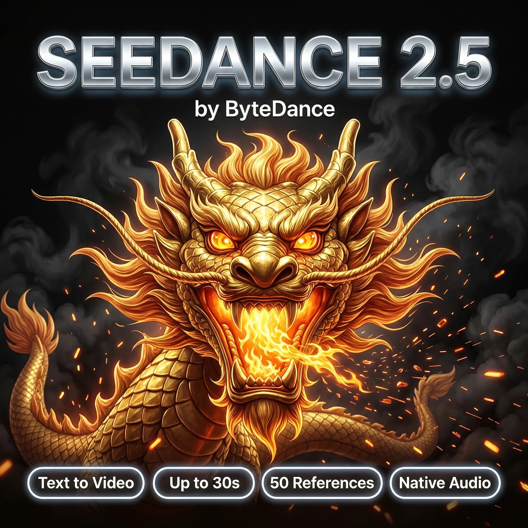 Flat 2D square graphic design cover, artwork fills the entire frame edge-to-edge, no frame, no border, no mockup. Extreme close-up hero shot: a colossal Chinese fire dragon bursting straight at the viewer out of the frame, head and jaws front and centre filling the composition, molten fire pouring from its throat, golden scales glowing like forged metal, long flowing whiskers and mane whipping backwards in the heat blast, burning embers and sparks streaming toward the camera, deep black smoke-filled background, dramatic volumetric rim light, cinematic depth, hyper detailed. Bold glowing 3D chrome typography text "SEEDANCE 2.5" centered near the top, EXACTLY ONE line, appears only once, crisp and perfectly legible over the smoke. Directly beneath it a small clean line "by ByteDance". Along the bottom a clean row of small glowing rounded feature badges with short legible labels: "Text to Video", "Up to 30s", "50 References", "Native Audio". Flagship poster quality, no extra labels, perfectly legible text