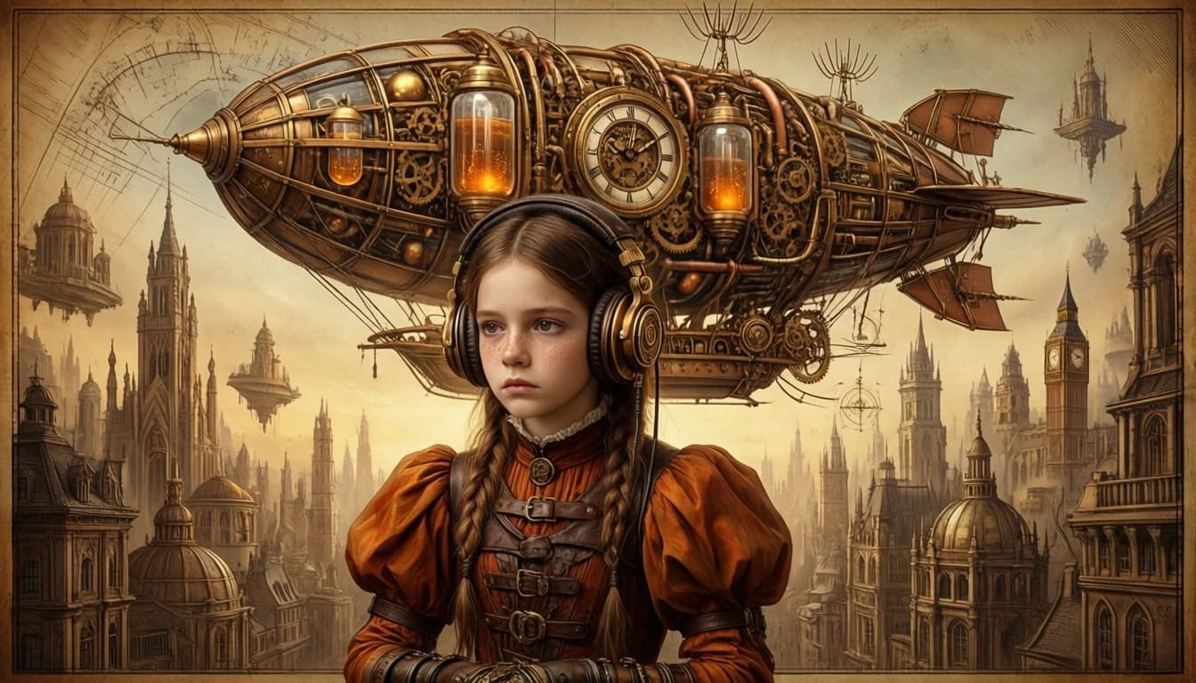 Cinematic digital masterpiece, 8k resolution. A soulful portrait of a young girl with delicate freckles and braided hair, her expression deeply serious, pensive, and tinged with melancholy. She wears oversized, ornate vintage steampunk headphones crafted from polished brass and weathered dark leather. Her attire is a voluminous Victorian-era gown in rich shades of burnt orange and sepia, featuring dramatic puffed sleeves, intricate leather straps, and heavy metal cuffs. 

Hovering majestically directly above her head is a massive, hyper-detailed mechanical contraption, a fusion of a dirigible and a complex clockwork engine. The device is a labyrinth of gleaming brass spheres, translucent glass reservoirs filled with glowing amber liquid, intricate interlocking gears, copper pipes, and spindly antennae, all suspended by delicate mechanical linkages. 

The background reveals a sprawling steampunk metropolis with soaring spires, floating architectural marvels, and endless clockwork towers, rendered in the artistic style of a Da Vinci technical sketch and an antique parchment map. The lighting is cinematic and soft, casting warm, golden glows and long, atmospheric shadows. The color palette is dominated by warm sepia, ochre, deep bronze, and burnished gold. The entire composition features a vignette effect with the texture of aged, yellowed parchment and fine ink lines at the edges, blending classical oil portraiture with retro-futuristic science fiction.
