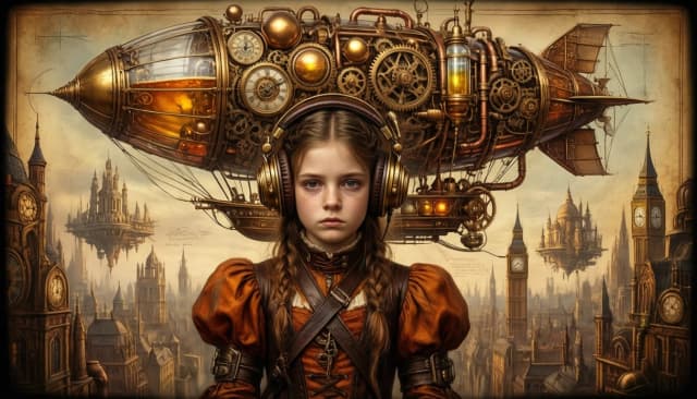 Cinematic digital masterpiece, 8k resolution. A soulful portrait of a young girl with delicate freckles and braided hair, her expression deeply serious, pensive, and tinged with melancholy. She wears oversized, ornate vintage steampunk headphones crafted from polished brass and weathered dark leather. Her attire is a voluminous Victorian-era gown in rich shades of burnt orange and sepia, featuring dramatic puffed sleeves, intricate leather straps, and heavy metal cuffs. 

Hovering majestically directly above her head is a massive, hyper-detailed mechanical contraption, a fusion of a dirigible and a complex clockwork engine. The device is a labyrinth of gleaming brass spheres, translucent glass reservoirs filled with glowing amber liquid, intricate interlocking gears, copper pipes, and spindly antennae, all suspended by delicate mechanical linkages. 

The background reveals a sprawling steampunk metropolis with soaring spires, floating architectural marvels, and endless clockwork towers, rendered in the artistic style of a Da Vinci technical sketch and an antique parchment map. The lighting is cinematic and soft, casting warm, golden glows and long, atmospheric shadows. The color palette is dominated by warm sepia, ochre, deep bronze, and burnished gold. The entire composition features a vignette effect with the texture of aged, yellowed parchment and fine ink lines at the edges, blending classical oil portraiture with retro-futuristic science fiction.