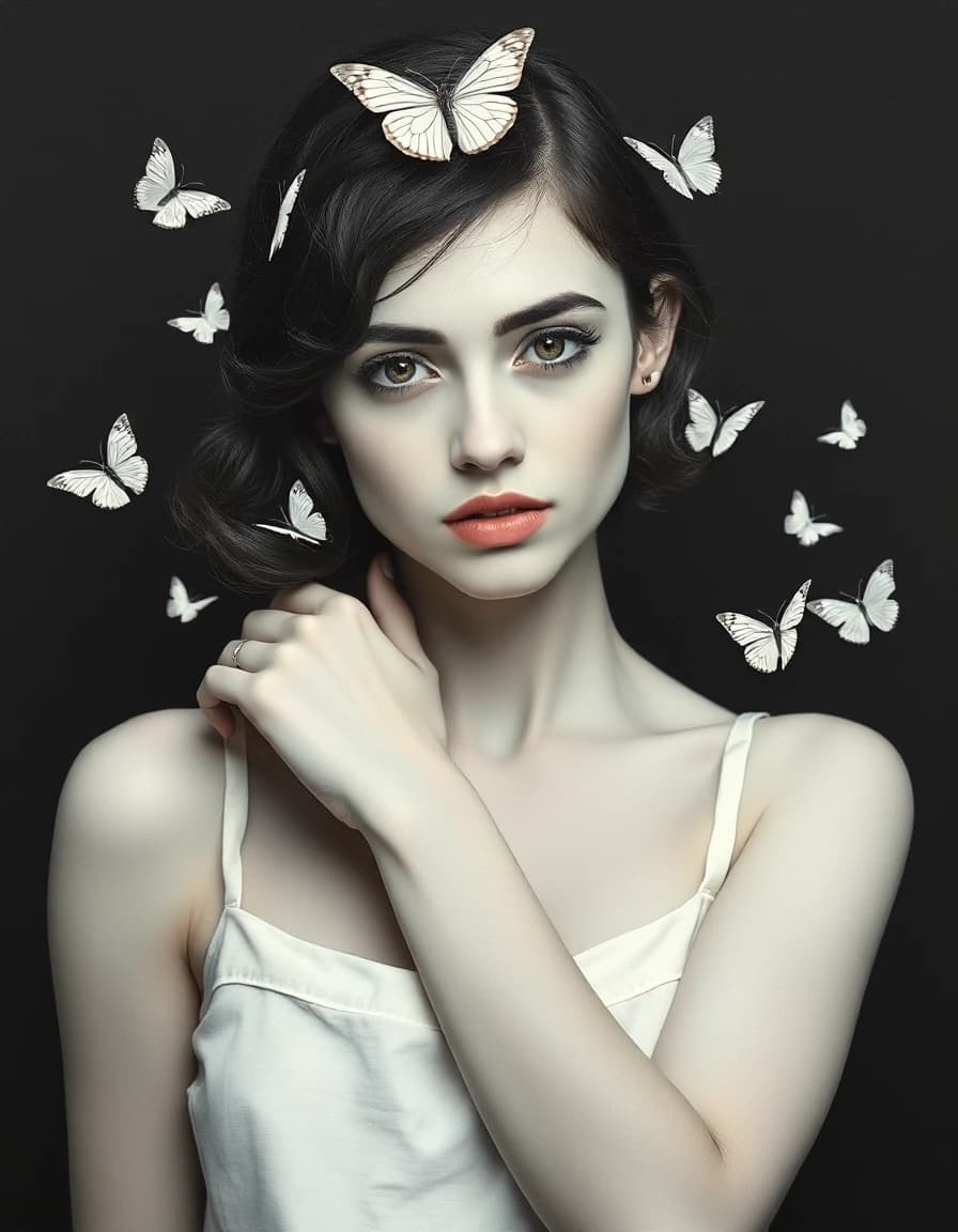 Black and white minimalism, conceptualism, flat painting, pale young beautiful European woman of Slavic type, 23 years old, shoulder-length hair, dark, slightly wavy, fluffy white butterfly on her hair, in a white dress with thin straps, white butterflies over surrealism, naturalness, dark background,