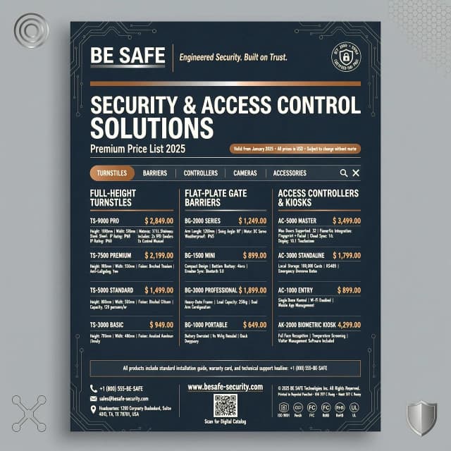 "Design a premium, high-end B2B price list layout for security and access control equipment (turnstiles, barriers, controllers).
Color Palette: A sophisticated combination of deep graphite-navy blue and pure white as the primary base. Use brushed silver and polished copper/bronze as premium metallic accents for thin lines, borders, table headers, and category dividers.
Style & Mood: Minimalist, corporate, expensive, technological, and highly secure. The design should look like a brochure from a top-tier luxury tech brand.
Layout Details: Clean and structured grid system. Elegant typography with a modern sans-serif font. Subtle geometric patterns or faint high-tech circuit lines in the deep blue background. Ample white space for readability. High contrast between the dark headers and white content areas.
Format: Vertical A4 document design, print-ready, ultra-detailed, 8k resolution, professional graphic design, Behance top tier." компания be safe