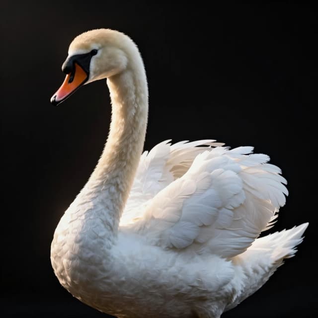 A high-end 3D studio render of a majestic white swan facing left, elegant perfectly curved neck. Solid seamless deep pitch-black background. Luxury fashion editorial aesthetic, ultra-detailed fluffy down feathers, smooth texture. Soft warm volumetric side lighting creating a gentle glow, high contrast, masterpiece, 8k resolution, octane render, soft eyes, clean look.