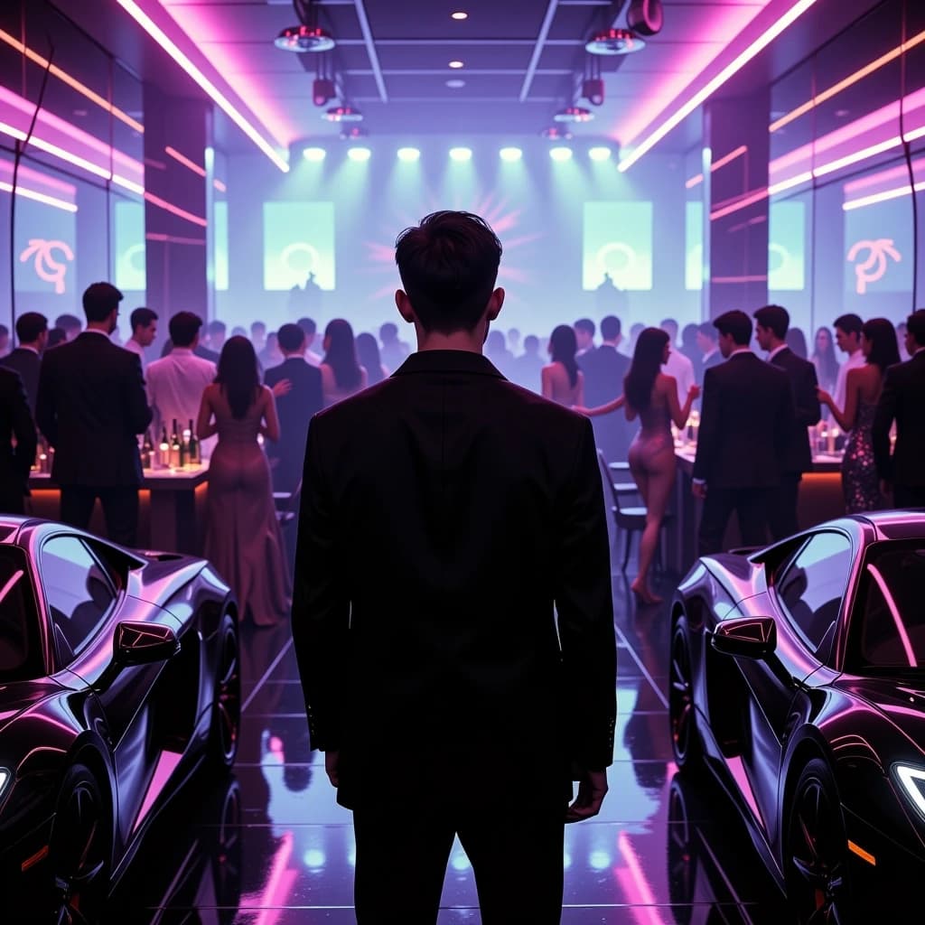 Square album cover, A cinematic dark nightclub scene at night. A confident young man stands in the center of a crowded luxury club, completely calm and emotionally detached after a breakup, with a slight ironic smile. Around him are neon lights, expensive cars visible through the club windows, champagne bottles, camera flashes and stylish people dancing. In the background, an attractive glamorous woman walks away toward a wealthy man surrounded by luxury and money, symbolizing her choice of money over love. The main character realizes that there are many girls like her and simply doesn't care anymore. He looks confident, free and emotionally untouchable.

Dark trap and underground Russian rap aesthetic, luxury nightlife, money, betrayal, indifference, confidence, neon reflections, black and deep purple atmosphere, smoky club, cinematic lighting, gritty 35mm film look, realistic photography, dramatic composition, shallow depth of field, high detail, premium music cover aesthetic.

No text, no letters, no logos, no watermark, no explicit sexual content. The image must be clean and suitable for a professional music streaming platform cover. Perfect square composition, important subjects centered and safely inside the frame.