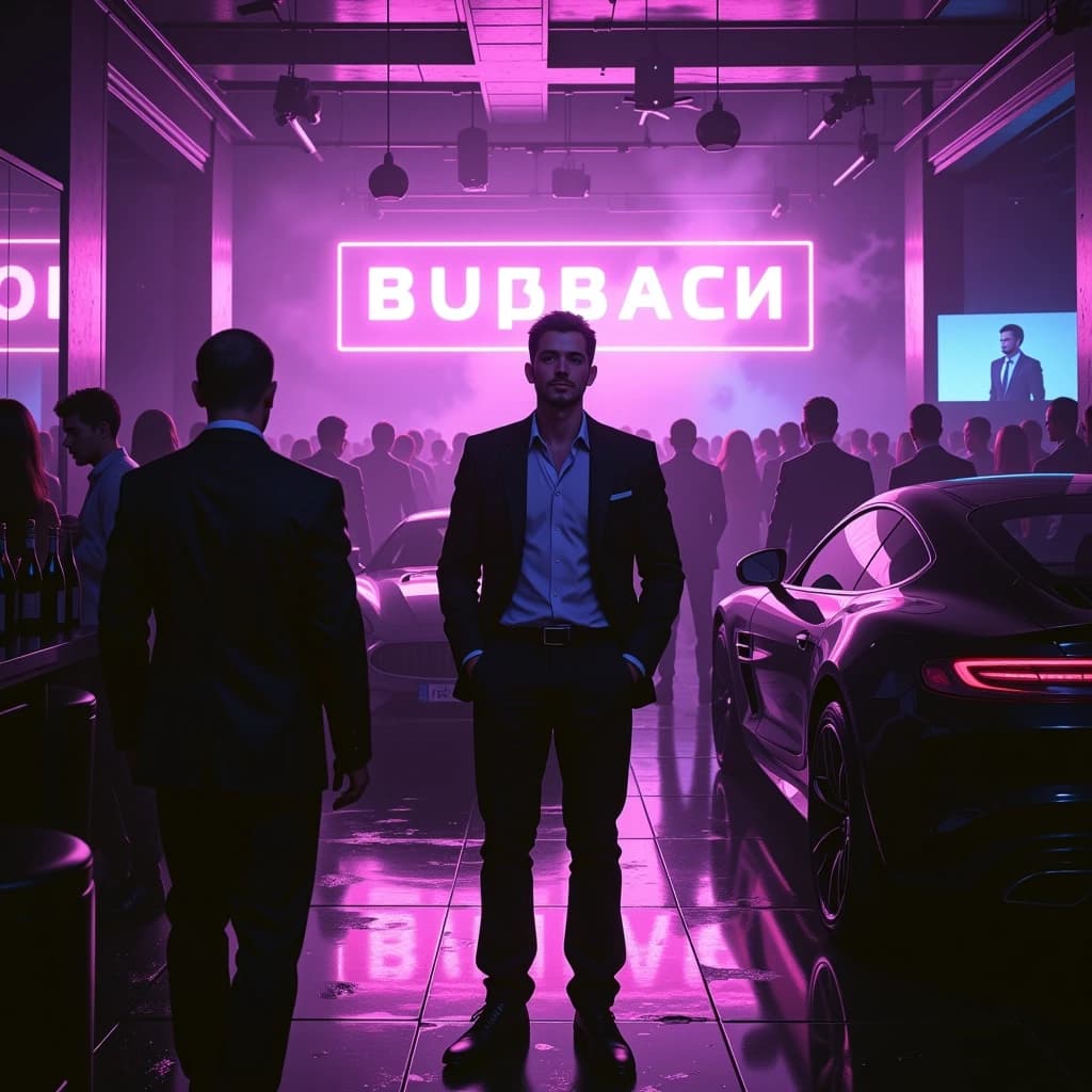Square album cover, A cinematic dark nightclub scene at night. A confident young man stands in the center of a crowded luxury club, completely calm and emotionally detached after a breakup, with a slight ironic smile. Around him are neon lights, expensive cars visible through the club windows, champagne bottles, camera flashes and stylish people dancing. In the background, an attractive glamorous woman walks away toward a wealthy man surrounded by luxury and money, symbolizing her choice of money over love. The main character realizes that there are many girls like her and simply doesn't care anymore. He looks confident, free and emotionally untouchable.

Dark trap and underground Russian rap aesthetic, luxury nightlife, money, betrayal, indifference, confidence, neon reflections, black and deep purple atmosphere, smoky club, cinematic lighting, gritty 35mm film look, realistic photography, dramatic composition, shallow depth of field, high detail, premium music cover aesthetic.

No text, no letters, no logos, no watermark, no explicit sexual content. The image must be clean and suitable for a professional music streaming platform cover. Perfect square composition, important subjects centered and safely inside the frame.