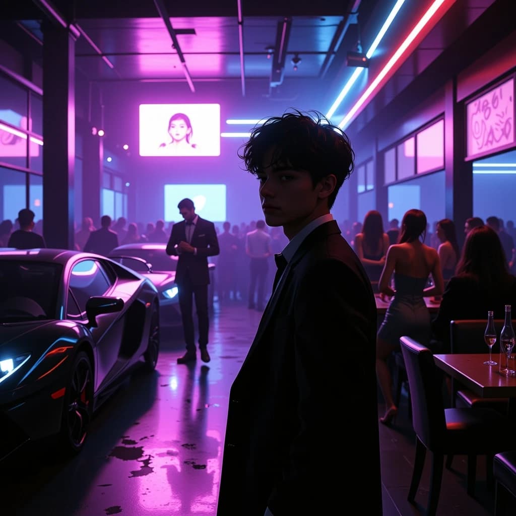 Square album cover, A cinematic dark nightclub scene at night. A confident young man stands in the center of a crowded luxury club, completely calm and emotionally detached after a breakup, with a slight ironic smile. Around him are neon lights, expensive cars visible through the club windows, champagne bottles, camera flashes and stylish people dancing. In the background, an attractive glamorous woman walks away toward a wealthy man surrounded by luxury and money, symbolizing her choice of money over love. The main character realizes that there are many girls like her and simply doesn't care anymore. He looks confident, free and emotionally untouchable.

Dark trap and underground Russian rap aesthetic, luxury nightlife, money, betrayal, indifference, confidence, neon reflections, black and deep purple atmosphere, smoky club, cinematic lighting, gritty 35mm film look, realistic photography, dramatic composition, shallow depth of field, high detail, premium music cover aesthetic.

No text, no letters, no logos, no watermark, no explicit sexual content. The image must be clean and suitable for a professional music streaming platform cover. Perfect square composition, important subjects centered and safely inside the frame.