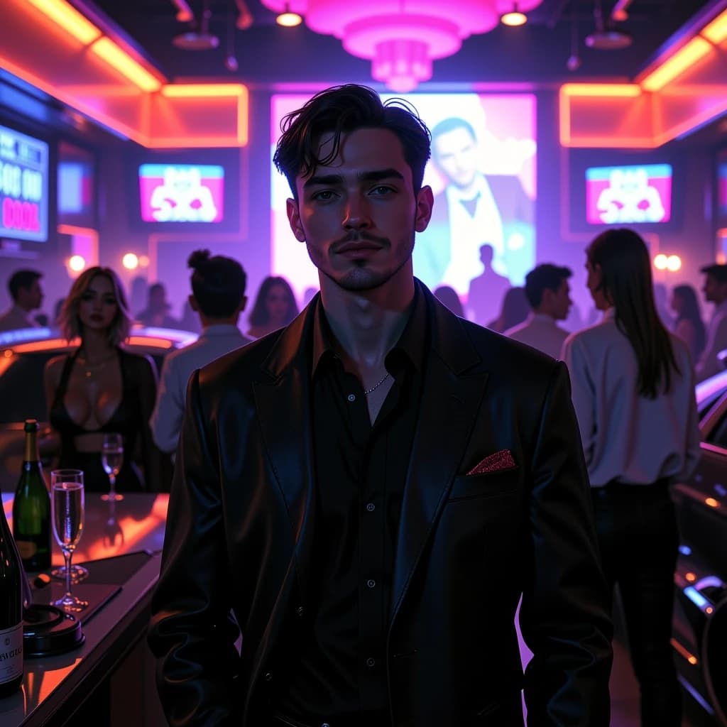 Square album cover, A cinematic dark nightclub scene at night. A confident young man stands in the center of a crowded luxury club, completely calm and emotionally detached after a breakup, with a slight ironic smile. Around him are neon lights, expensive cars visible through the club windows, champagne bottles, camera flashes and stylish people dancing. In the background, an attractive glamorous woman walks away toward a wealthy man surrounded by luxury and money, symbolizing her choice of money over love. The main character realizes that there are many girls like her and simply doesn't care anymore. He looks confident, free and emotionally untouchable.

Dark trap and underground Russian rap aesthetic, luxury nightlife, money, betrayal, indifference, confidence, neon reflections, black and deep purple atmosphere, smoky club, cinematic lighting, gritty 35mm film look, realistic photography, dramatic composition, shallow depth of field, high detail, premium music cover aesthetic.

No text, no letters, no logos, no watermark, no explicit sexual content. The image must be clean and suitable for a professional music streaming platform cover. Perfect square composition, important subjects centered and safely inside the frame.