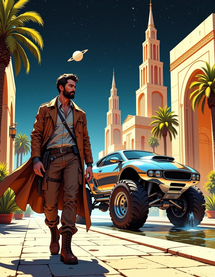 A masterpiece,  in the style of the 1980s, with bold lines, dynamic strokes and rich textures, on background with a touch of nostalgia, perhaps with subtle drawings inspired by cellulose and vintage, worn textures similar to paper, oil painting, A cinematic retro‑futuristic scene: a stoic rugged man in a worn brown leather trench coat and utility pants walks toward the camera from beside a gleaming hybrid hover‑rover. He wears heavy boots, a utility belt, metal wrist devices, and a slightly unshaven, determined face; his coat flaps behind him. Behind him a polished chrome, domed canopy vehicle with oversized off‑road tires, exposed hydraulic tubing and articulating suspension gleams with warm specular highlights. Grand Art‑Deco towers and floating plaza platforms rise into a starry night sky with a ringed planet visible; fountains and sculpted trees frame the scene. Rich, warm rim lighting and cool ambient starlight create dramatic contrast, deep shadows, realistic reflections on chrome, wet stone plaza, fine texture on leather and metal, subtle atmospheric mist and water spray. Low‑angle, hyper‑detailed, ultra‑realistic cinematic lighting, 35mm perspective, ultra high resolution, photoreal concept art with painterly color grading and intense detail.