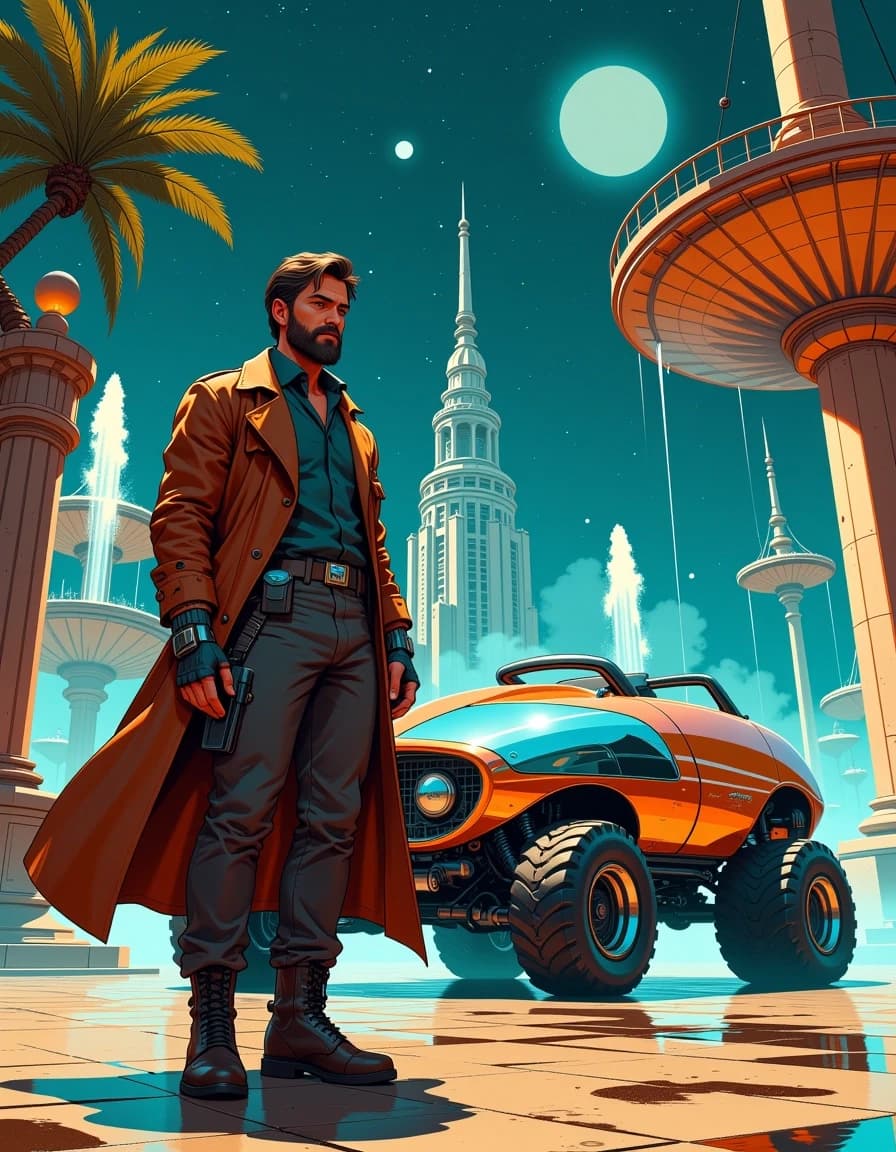 A masterpiece,  in the style of the 1980s, with bold lines, dynamic strokes and rich textures, on background with a touch of nostalgia, perhaps with subtle drawings inspired by cellulose and vintage, worn textures similar to paper, oil painting, A cinematic retro‑futuristic scene: a stoic rugged man in a worn brown leather trench coat and utility pants walks toward the camera from beside a gleaming hybrid hover‑rover. He wears heavy boots, a utility belt, metal wrist devices, and a slightly unshaven, determined face; his coat flaps behind him. Behind him a polished chrome, domed canopy vehicle with oversized off‑road tires, exposed hydraulic tubing and articulating suspension gleams with warm specular highlights. Grand Art‑Deco towers and floating plaza platforms rise into a starry night sky with a ringed planet visible; fountains and sculpted trees frame the scene. Rich, warm rim lighting and cool ambient starlight create dramatic contrast, deep shadows, realistic reflections on chrome, wet stone plaza, fine texture on leather and metal, subtle atmospheric mist and water spray. Low‑angle, hyper‑detailed, ultra‑realistic cinematic lighting, 35mm perspective, ultra high resolution, photoreal concept art with painterly color grading and intense detail.