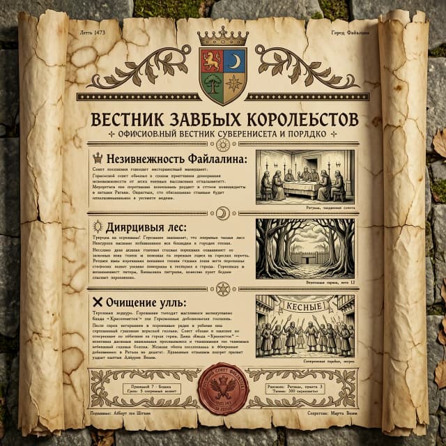 Реалистичный пергаментный свиток в стиле средневековой газеты. Старинная состаренная бумага с потертыми краями и античной текстурой. В самом верху классический фэнтезийный герб-эмблема.  С надписью:
ВЕСТНИК ЗАБЫТЫХ КОРОЛЕВСТВ, ниже текст:

👑 Независимость Файлалина:Совет поселения готовит исторический манифест. Городок планирует официально заявить о сувернитете.
🌲 Движущийся лес:Тревога на окраинах! Очевидцы заявляют, что зловещие чащобы леса Невермор необъяснимым образом подступают всё ближе к городским стенам.
⚔️ Очищение улиц:Терпение лопнуло. Горожане готовят массовое изгнание банды «Краснометок» из Файлалина. Горожане срочно набирают отважных добровольцев.
Страница аккуратно разделена на 3 горизонтальные секции. С права картинки подходящие к каждой главе.