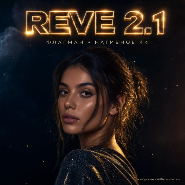 Готовый премиальный рекламный key-visual флагманской нейросети изображений, вертикальный формат 4:5, нативное 4K, качество глянцевого постера класса luxury-бренда. Hero-субъект во весь кадр: эффектная молодая женщина крупным планом в драматичном студийном контровом свете, полуоборот, уверенный взгляд в камеру, безупречная детализация кожи и бликов, отдельные пряди волос, фактура дорогой ткани; мягкий объёмный дым, глубокий боке, кинематографичная светотень. Палитра: глубокий индиго, графит, тёплое золото, тонкий неоновый рефлекс.
Типографика — идеально чёткая, ровный кернинг:
— крупный заголовок в верхней трети по центру «REVE 2.1», объёмные глянцевые буквы с мягким свечением;
— тонкий подзаголовок под ним «ФЛАГМАН · НАТИВНОЕ 4K»;
— мелкая аккуратная строка в правом нижнем углу «изображения ArtGeneration.me», вписанная в дизайн, не ватермаркой.
Строгая дизайнерская модульная сетка, чистые широкие поля, композиция продаёт с первого взгляда, без UI-элементов и лишних подписей.