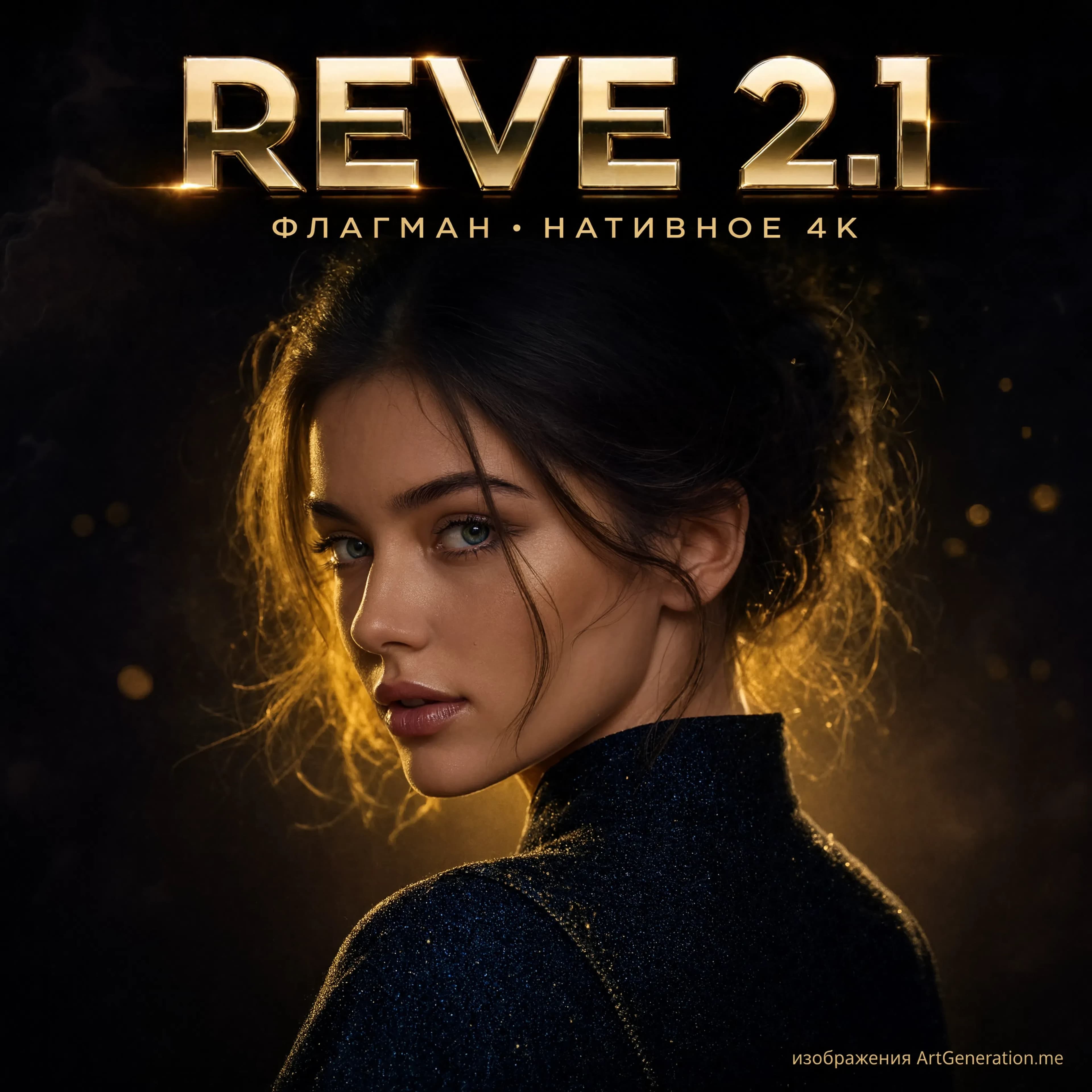 Готовый премиальный рекламный key-visual флагманской нейросети изображений, вертикальный формат 4:5, нативное 4K, качество глянцевого постера класса luxury-бренда. Hero-субъект во весь кадр: эффектная молодая женщина крупным планом в драматичном студийном контровом свете, полуоборот, уверенный взгляд в камеру, безупречная детализация кожи и бликов, отдельные пряди волос, фактура дорогой ткани; мягкий объёмный дым, глубокий боке, кинематографичная светотень. Палитра: глубокий индиго, графит, тёплое золото, тонкий неоновый рефлекс.
Типографика — идеально чёткая, ровный кернинг:
— крупный заголовок в верхней трети по центру «REVE 2.1», объёмные глянцевые буквы с мягким свечением;
— тонкий подзаголовок под ним «ФЛАГМАН · НАТИВНОЕ 4K»;
— мелкая аккуратная строка в правом нижнем углу «изображения ArtGeneration.me», вписанная в дизайн, не ватермаркой.
Строгая дизайнерская модульная сетка, чистые широкие поля, композиция продаёт с первого взгляда, без UI-элементов и лишних подписей.