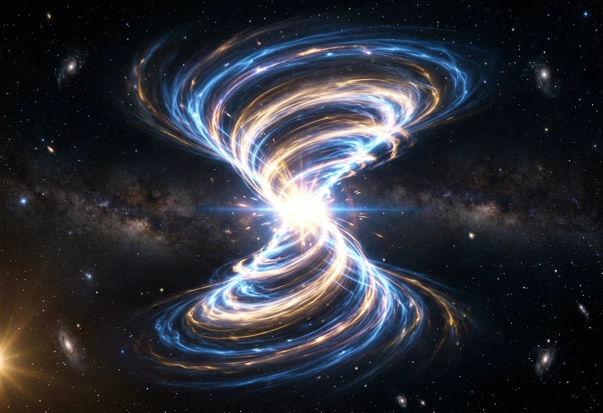 "A massive galactic quantum spiral shaped like an hourglass, consisting of two gigantic rotating energy funnels that taper and meet at the exact center. A blinding quantum flash explosion occurs at the convergence point where the funnels touch. Side view emphasizing the 3D volumetric structure and depth. The image highlights the boundless vastness of space with countless shimmering stars in the deep black background. Cinematic lighting, photorealistic, 8k resolution, epic scale, glowing energy filaments.