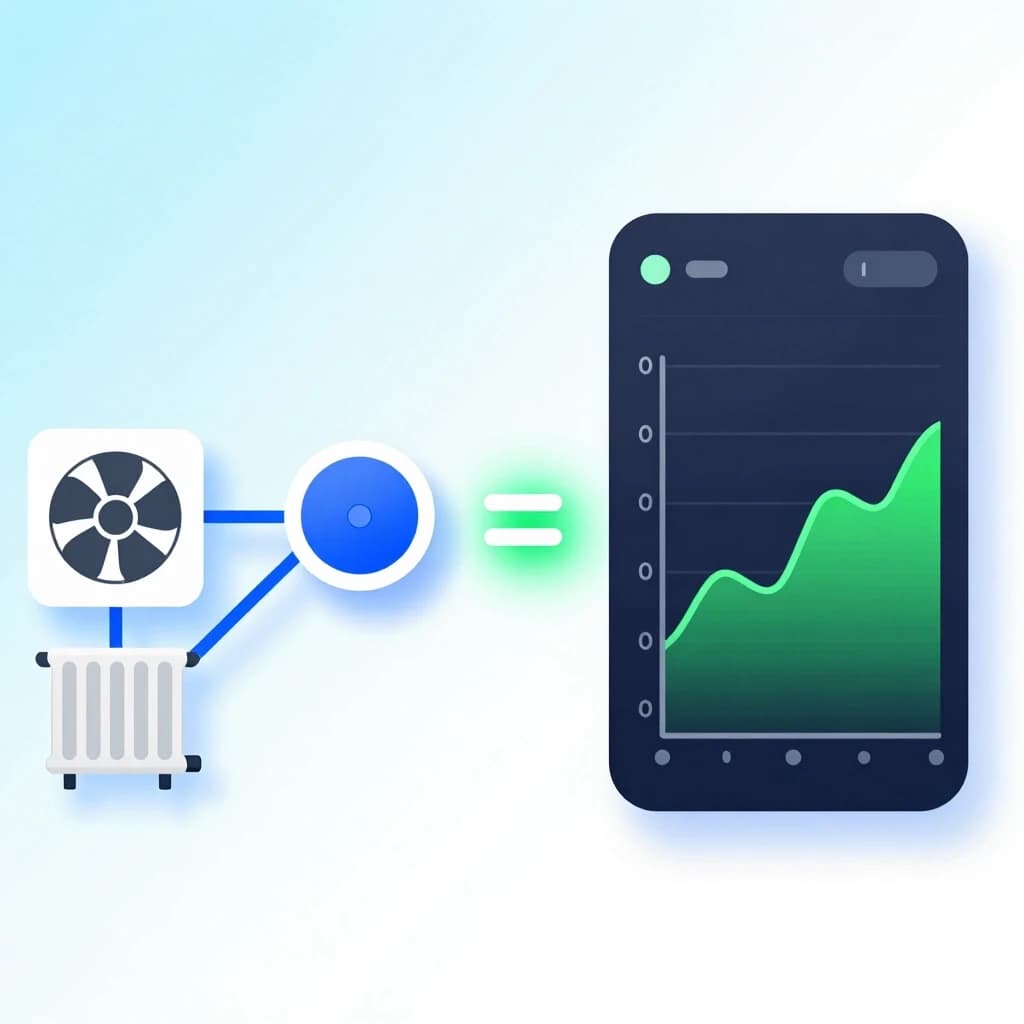 Split view banner. Left side: simple colorful icons of a fan (ventilation) and a radiator (heating) connected by lines to a central round sensor icon. Right side: a zoomed-in dashboard widget showing a steady green temperature trend line over time. A glowing equal sign or arrow bridges the two parts, symbolizing automation and stability. Background is soft gradient from light blue to white. Style: clean tech illustration, user-friendly, no complex machinery, clear message of HVAC control, advertising format. --ar 16:9
