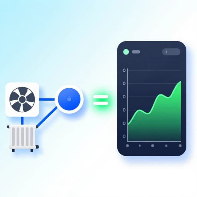 Split view banner. Left side: simple colorful icons of a fan (ventilation) and a radiator (heating) connected by lines to a central round sensor icon. Right side: a zoomed-in dashboard widget showing a steady green temperature trend line over time. A glowing equal sign or arrow bridges the two parts, symbolizing automation and stability. Background is soft gradient from light blue to white. Style: clean tech illustration, user-friendly, no complex machinery, clear message of HVAC control, advertising format. --ar 16:9