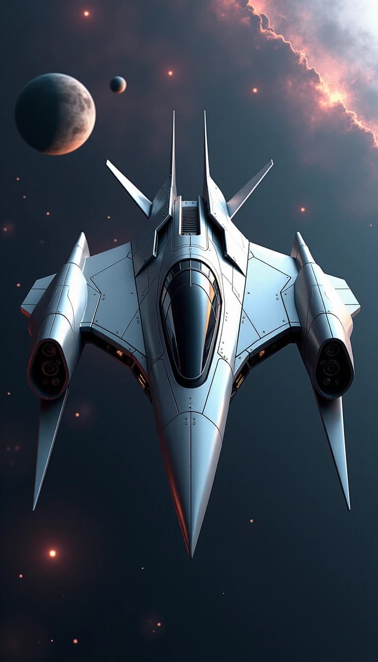Isometric ¾ view of a sleek, predatory, sculptural sci‑fi spacecraft. Seamless aerodynamic hull with sharp outward‑swept wing structures, wide frontal glass canopy, exposed internal mechanical components in the central body. Dark matte grey base with polished silver‑white segmented armor panels integrated into the main hull. Smooth metallic finish, minimalistic surface details with clear seam lines between the armored sections. Clean, sharp geometry, aggressive stance, elegant and futuristic design. Set against an atmospheric deep space background: rich dark blue and violet nebula, soft volumetric lighting, distant planets with rings, and scattered stars. The ship appears small in the frame, floating gracefully in deep cosmic space. Cinematic, high contrast, photorealistic textures, 8k