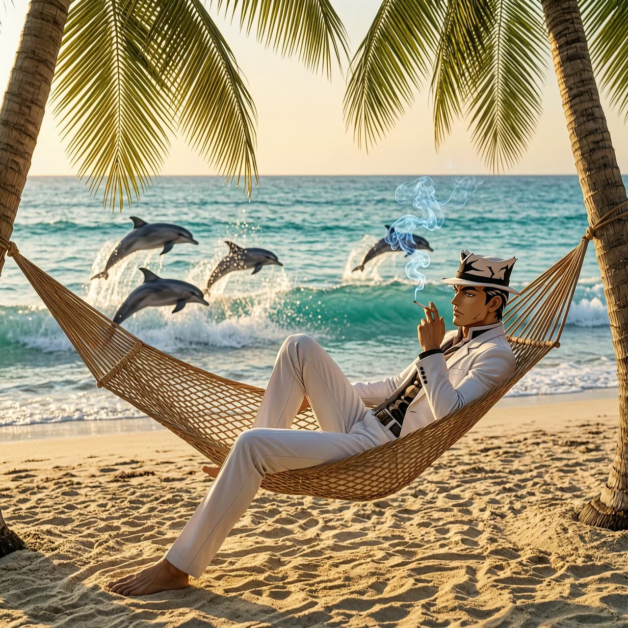 Hyper-realistic cinematic anime masterpiece, high-end modern feature film style, inspired by Hirohiko Araki's unique aesthetic and character design. A wide shot of Jotaro Kujo, maintaining his iconic stoic and masculine presence, relaxing in a detailed woven rattan hammock suspended between two weathered palm trees on a pristine tropical beach. He is leaning back with a calm, cool expression, a lit cigarette held between his fingers with a thin, delicate, swirling trail of ethereal blue smoke curling upwards. He wears his signature high-contrast white outfit and iconic modified hat. The background features a breathtaking view of turquoise ocean waves gently crashing onto the shore, with several dolphins captured in a dynamic mid-leap, spraying crystalline, sparkling water droplets into the air. Lighting is dramatic golden hour, with warm amber sun rays filtering through the textured palm fronds, creating a sophisticated dappled light effect and soft shadows across his face. Extreme detail on the granular sand texture, the intricate weave of the hammock, and the shimmering, refractive water surface. Mood is serene, tranquil, and intensely masculine. Masterful composition, volumetric lighting, ray-traced reflections, 8k resolution, vibrant tropical color palette, sharp focus, highly detailed textures, Ufotable and Makoto Shinkai level of visual fidelity.