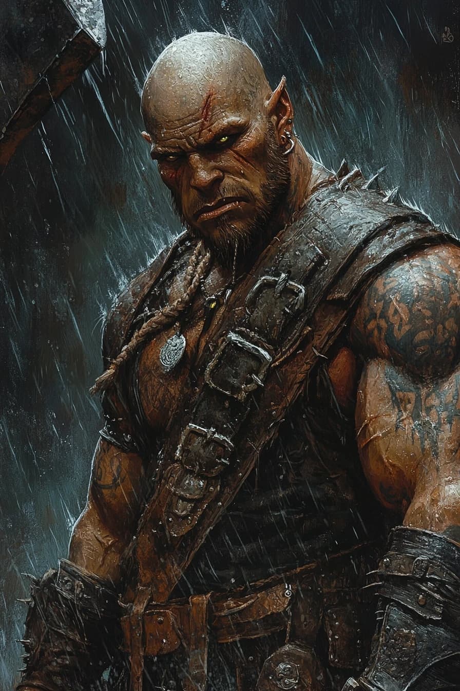 Fantasy character portrait, half-orc male, bald, face tattoos, massive muscular build, wearing heavy leather vest with metal bracers, holding a two-handed axe, calm but intimidating eyes, standing in rain, gritty D&D art, art by Karl Kopinski, --ar 2:3

--style raw --stylize 200