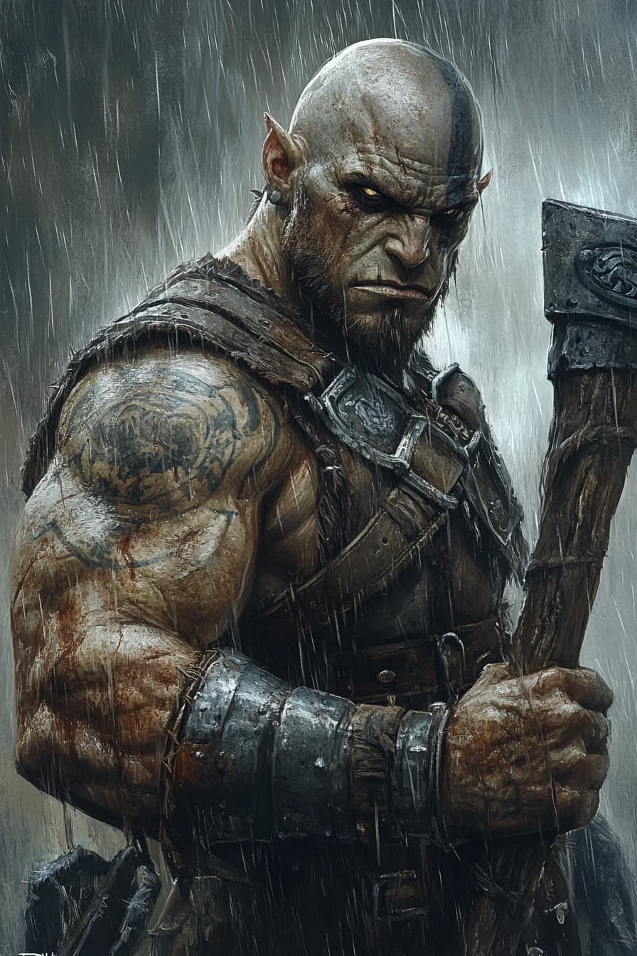 Fantasy character portrait, half-orc male, bald, face tattoos, massive muscular build, wearing heavy leather vest with metal bracers, holding a two-handed axe, calm but intimidating eyes, standing in rain, gritty D&D art, art by Karl Kopinski, --ar 2:3

--style raw --stylize 200