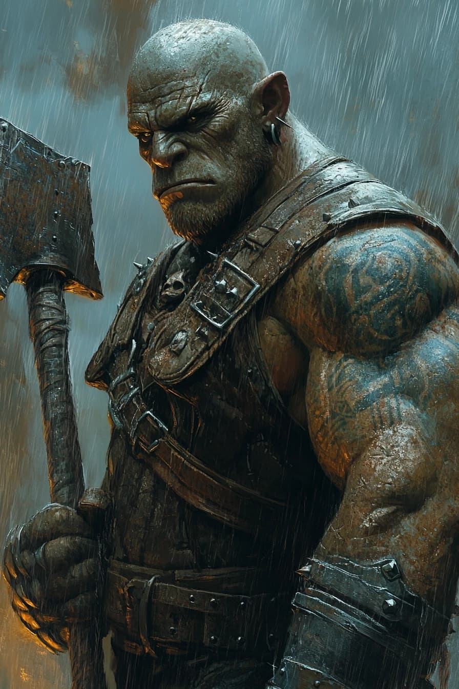 Fantasy character portrait, half-orc male, bald, face tattoos, massive muscular build, wearing heavy leather vest with metal bracers, holding a two-handed axe, calm but intimidating eyes, standing in rain, gritty D&D art, art by Karl Kopinski, --ar 2:3

--style raw --stylize 200