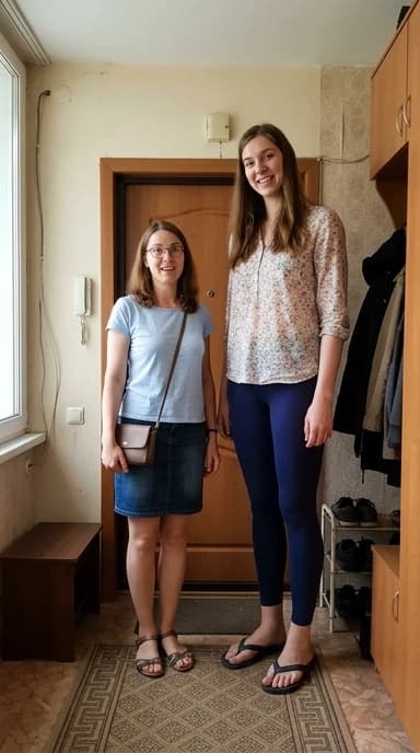 A vertical shot taken with a mobile phone camera: two friends are standing by the door in an ordinary Moscow apartment. Both of them are considered tall, and that’s the whole point — a tall woman with someone much taller.

On the left is Oksana, 32 years old, 190 cm tall: a relaxed pose, a slight smile, as if she’s capturing the moment for memory. She’s wearing a light top, a denim skirt, and open‑toed shoes; she has a handbag in her hand and glasses on her nose. Her gaze is directed at the camera, and her expression conveys a hint of surprised admiration. she is aware of the contrast and feels her growth in a new way for the first time.

On the right is Irina, 225 cm: . She's wearing a light blouse, leggings, flip-flops. Her gigantic height is immediately striking: she almost rests her head on the top edge of the frame, she is much taller than the door, and her shoulders occupy a significant part of the space.

The interior is typical for a Moscow apartment: a closet next to the door, a carpet with a discreet pattern on the floor; . Lighting — daylight from the window: ,

The main thing is to clearly show the difference in height: Irina is 35 cm taller than Oksana, and this isn’t a special effect — emphasize the difference in their heights.
