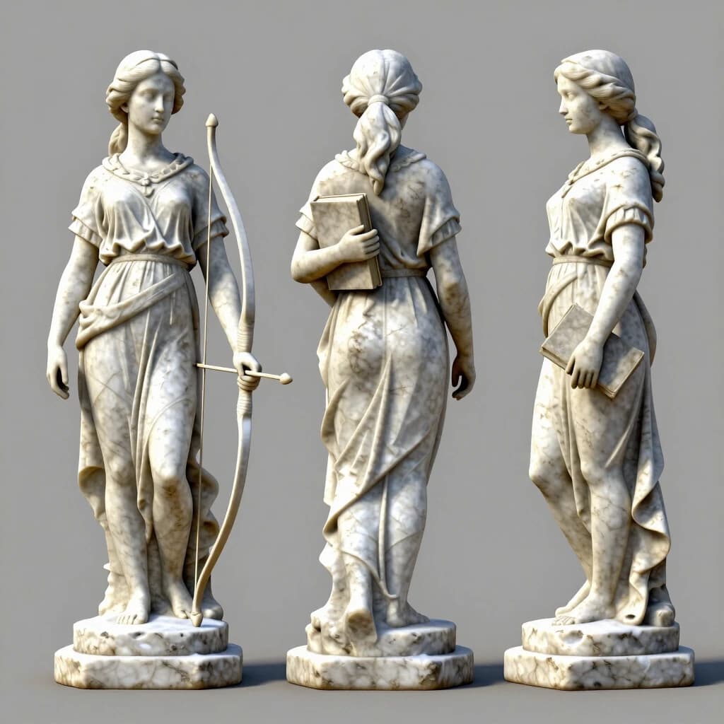 stone statue of a young woman, RIGHT hand holding a bow down at her side, LEFT hand holding a closed book against her chest, arms clearly separated, four views: front, back, left, right, turnaround sheet, white marble, weathered, snow, pedestal, neutral background, game asset