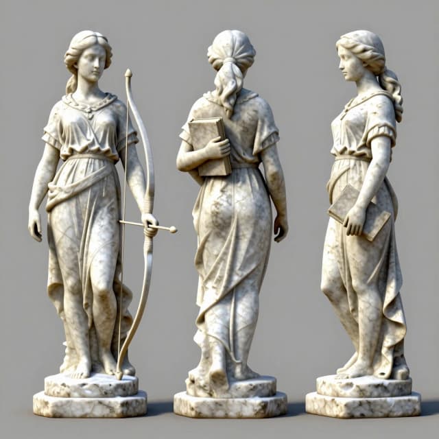 stone statue of a young woman, RIGHT hand holding a bow down at her side, LEFT hand holding a closed book against her chest, arms clearly separated, four views: front, back, left, right, turnaround sheet, white marble, weathered, snow, pedestal, neutral background, game asset